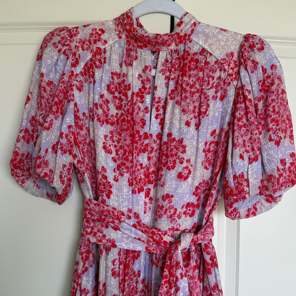 ME+EM 2 Layered Violets Print Midi Dress EUC Belt Lined Floral Fit Flare - Picture 9 of 16